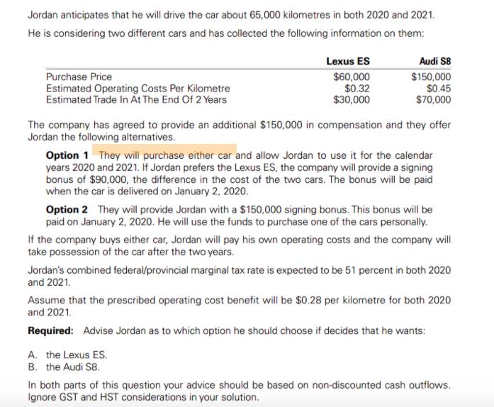 Jordan anticipates that he will drive the car about 65,000 kilometres in both 2020 and 2021. He is considering two different