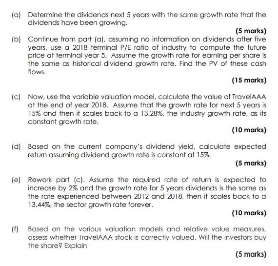 (a) Determine the dividends next 5 years with the same growth rate that the dividends have been growing. (5 marks) (b) Contin