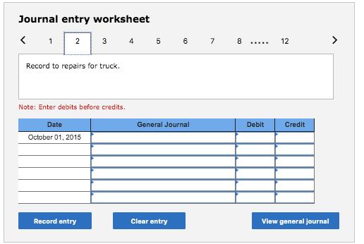 Journal entry worksheet< 1 2 3 4 5678 ... 12>Record to repairs for truck.Note: Enter debits before credits.DateGener