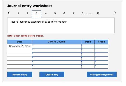 Journal entry worksheet< 12 34 56 78 ..... 12 Record insurance expense of 2015 for 9 months. Note: Enter debits before c