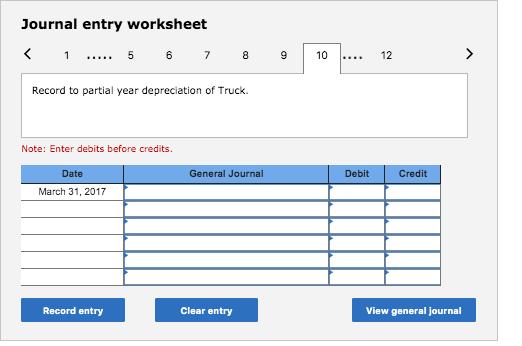 Journal entry worksheet< 1 ..... 5 6 7 89 10 .. 12 Record to partial year depreciation of Truck. Note: Enter debits before