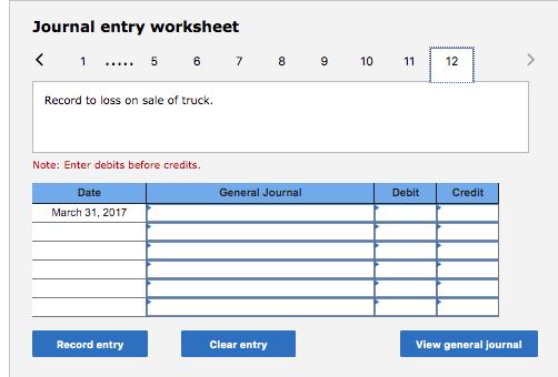 Journal entry worksheet< 1 ..... 5 6 7 you to con 89 10 11 12 Record to loss on sale of truck. Note: Enter debits before cr