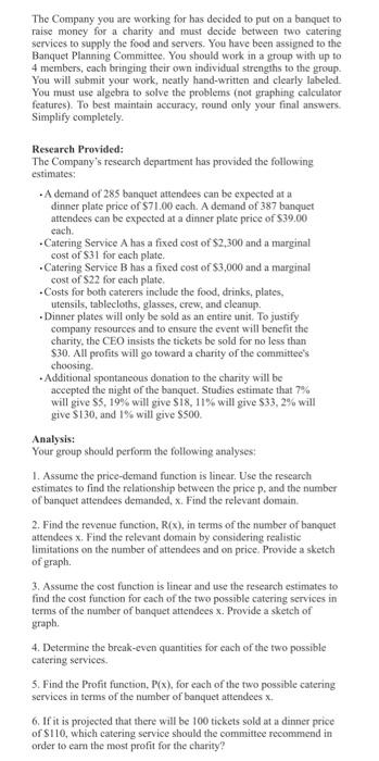 The Company you are working for has decided to put on a banquet to raise money for a charity and must decide between two cate