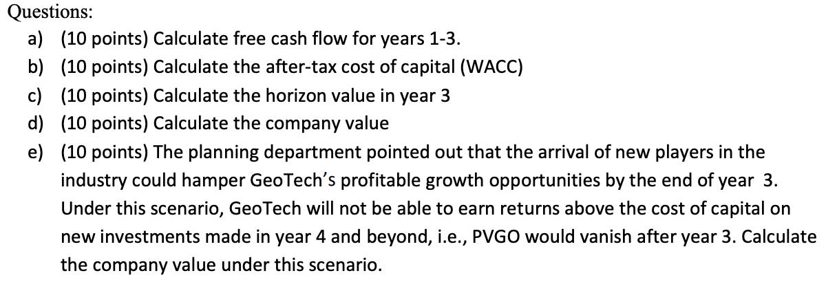 Questions: a) (10 points) Calculate free cash flow for years 1-3. b) (10 points) Calculate the after-tax cost of capital (WAC