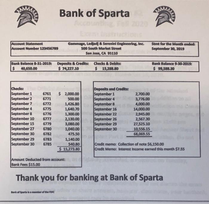 Bank of Sparta Account Statement Account Number 123456789 Gammage, Ladjadj & Sereninl Engineering Inc. 500 South Market Stree