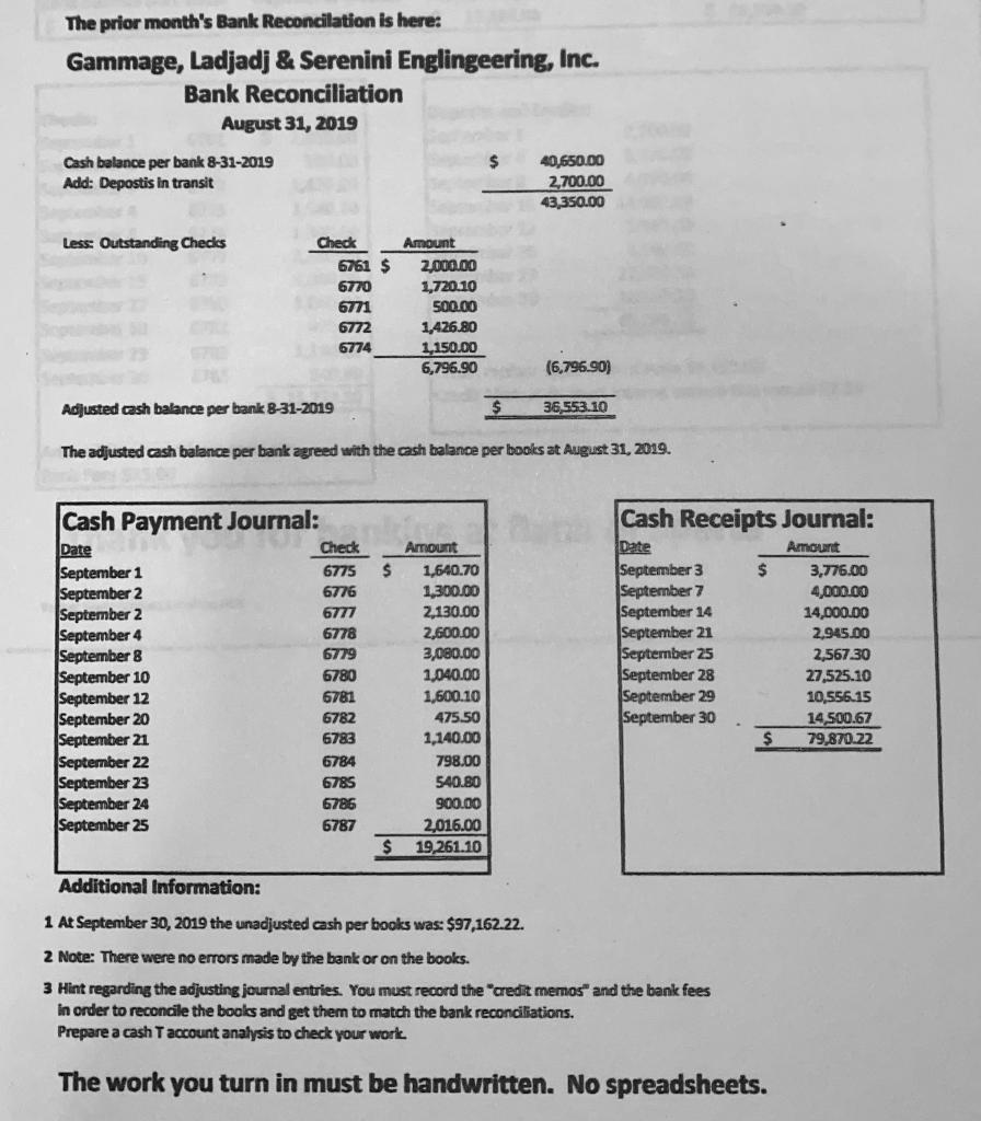 The prior months Bank Reconcilation is here: Gammage, Ladjadj & Serenini Englingeering, Inc. Bank Reconciliation August 31,