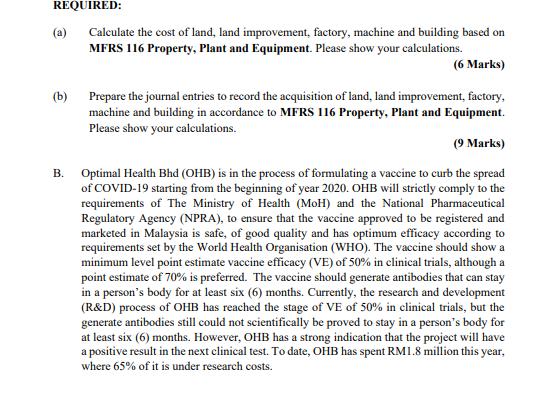 REQUIRED: (a) Calculate the cost of land, land improvement, factory, machine and building based on MFRS 116 Property, Plant a