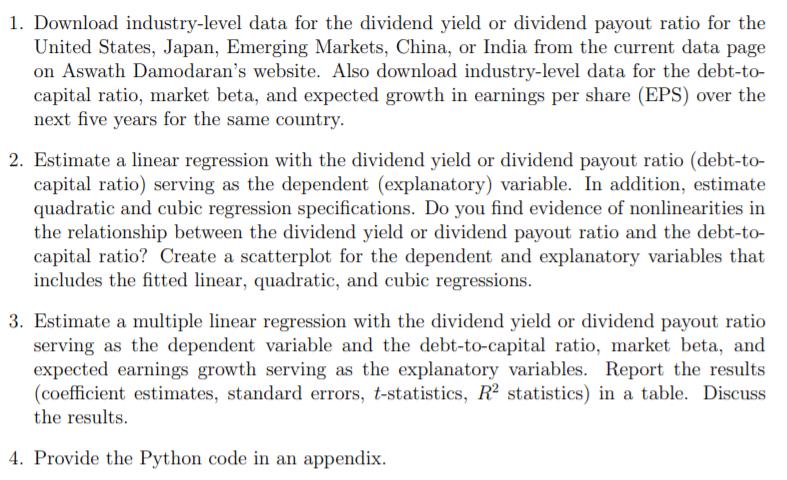 1. Download industry-level data for the dividend yield or dividend payout ratio for the United States, Japan, Emerging Market