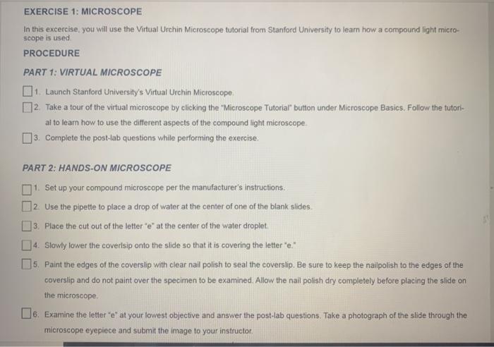 EXERCISE 1: MICROSCOPE In this excercise, you will use the Virtual Urchin Microscope tutorial from Stanford University to lea