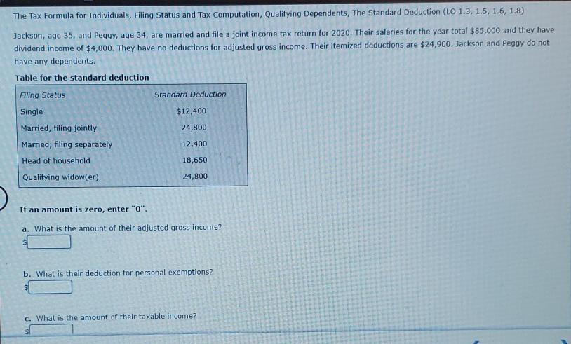 The Tax Formula for Individuals, Filing Status and Tax Computation, Qualifying Dependents, The Standard Deduction (LO 1.3, 1.