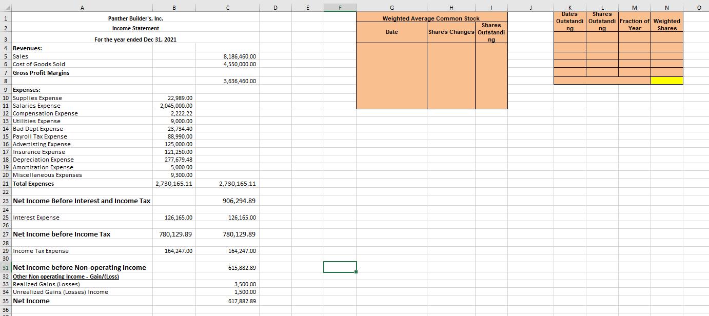 А Bс DE E FG Hj 01 Panther Builders, Inc. Income Statement K1 MN Dates Shares Outstandi Outstandi Fraction of Weighte