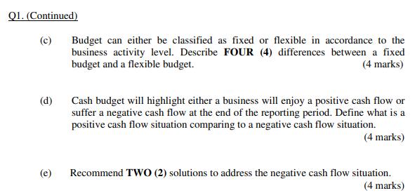 01. (Continued) (c) Budget can either be classified as fixed or flexible in accordance to the business activity level. Descri