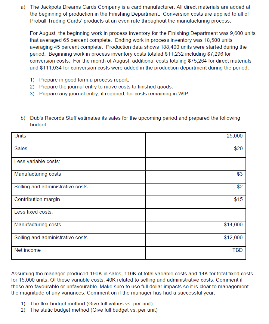 a) The Jackpots Dreams Cards Company is a card manufacturer. All direct materials are added at the beginning of production in