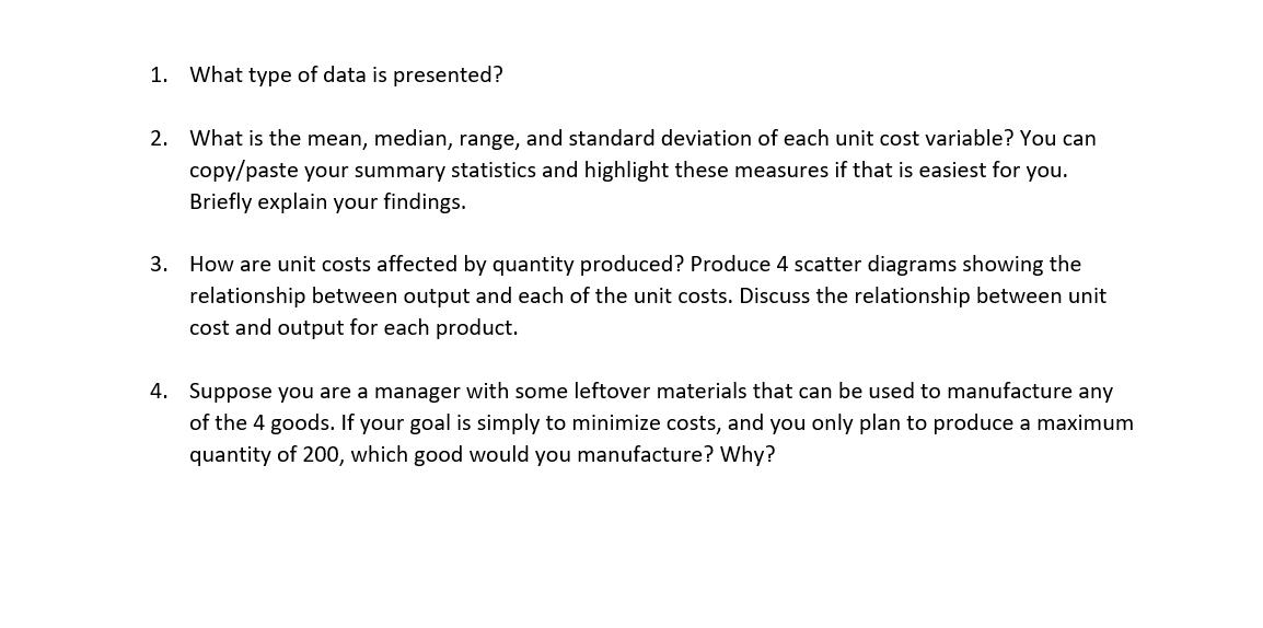 1. What type of data is presented? 2. What is the mean, median, range, and standard deviation of each unit cost variable? You