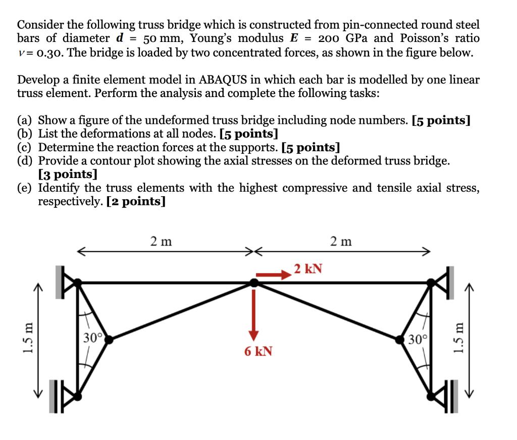 Consider the following truss bridge which is constructed from pin-connected round steel bars of diameter d = 50 mm, Youngs m