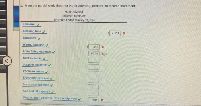 1. From the partial work sheet for Major Advising, prepare an income statement. Major Advising Income Statement For Month End