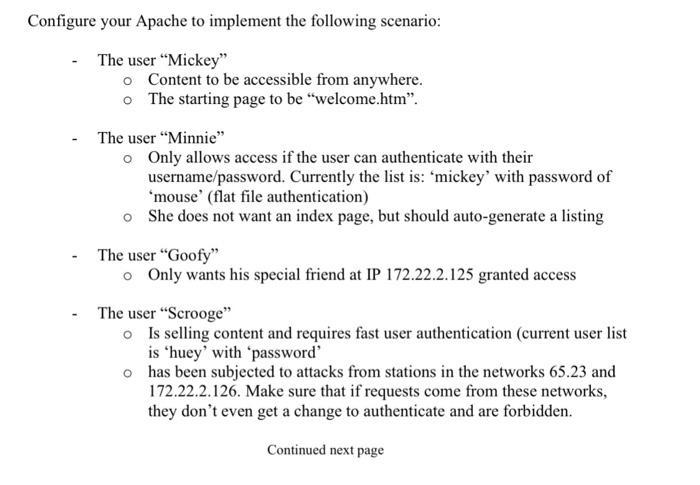Configure your Apache to implement the following scenario: The user Mickey o Content to be accessible from anywhere. o The