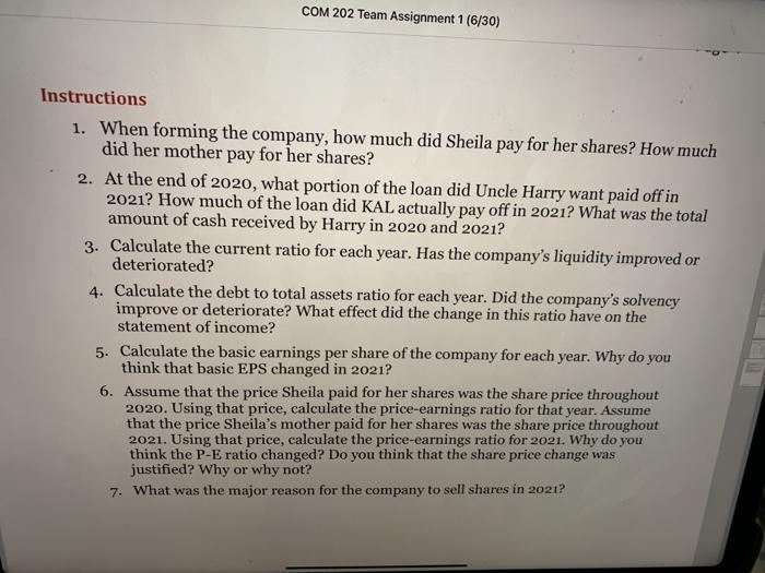 COM 202 Team Assignment 1 (6/30) Instructions 1. When forming the company, how much did Sheila pay for her shares? How much d
