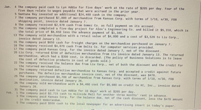 Jan. 4 The company paid cash to Lyn Addie for five days work at the rate of $205 per day. Four of the five days relate to wa