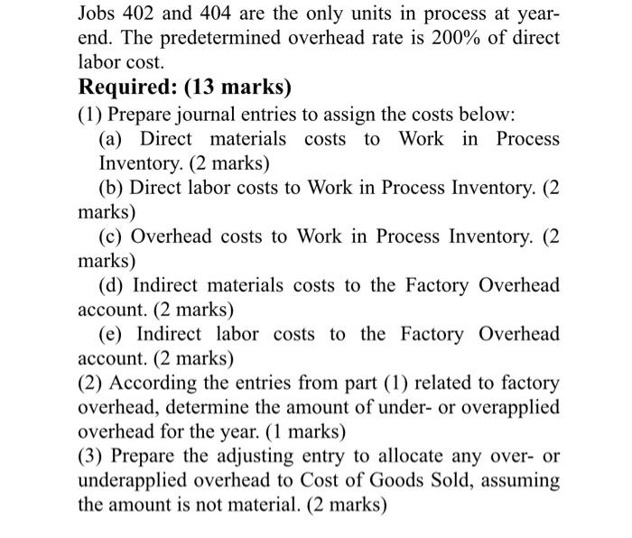 Jobs 402 and 404 are the only units in process at year- end. The predetermined overhead rate is 200% of direct labor cost. Re