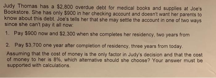 Judy Thomas has a $2,800 overdue debt for medical books and supplies at Joes Bookstore. She has only $900 in her checking ac