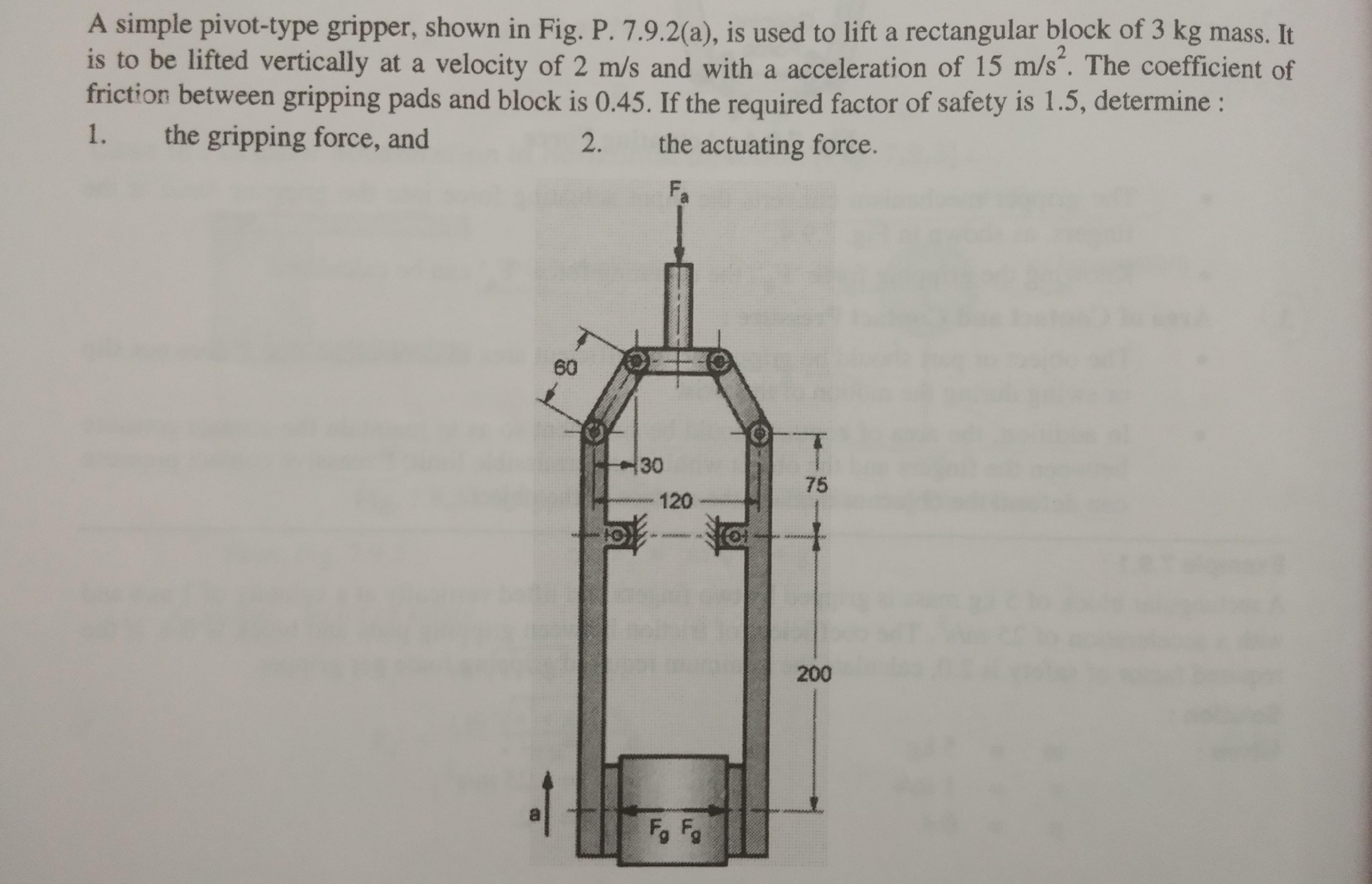 A simple pivot-type gripper, shown in Fig. P. 7.9.2(a), is used to