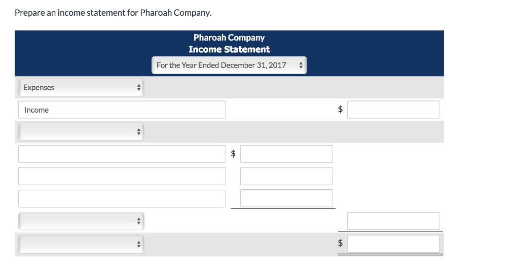 Prepare an income statement for Pharoah Company. Pharoah Company Income Statement For the Year Ended December 31,2017 Expense