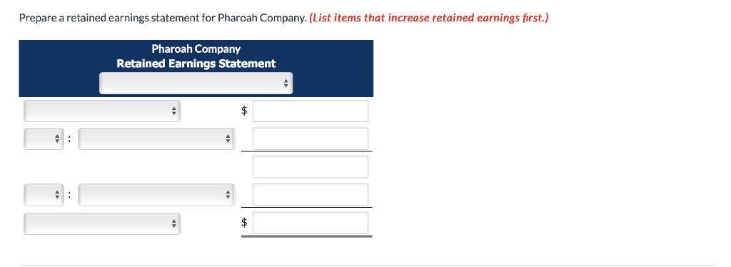 Prepare a retained earnings statement for Pharoah Company. (List items that increase retained earnings first.) Pharoah Compan