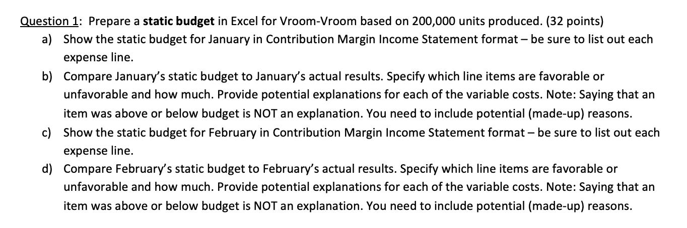 Question 1: Prepare a static budget in Excel for Vroom-Vroom based on 200,000 units produced. (32 points) a) Show the static
