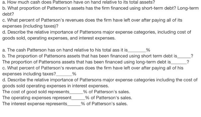 a. How much cash does Patterson have on hand relative to its total assets? b. What proportion of Pattersons assets has the firm financed using short-term debt? Long-term debt? c. What percent of Pattersons revenues does the firm have left over after paying all of its expenses (including taxes)? d. Describe the relative importance of Pattersons major expense categories, including cost of goods sold, operating expenses, and interest expenses a. The cash Patterson has on hand relative to his total ass it is b. The proportion of Pattersons assets that has been financed using short term debt is The proportion of Pattersons assets that has been financed using long-term debt is, c. What percent of Pattersons revenues does the firm have left over after paying all of his expenses including taxes? d. Describe the relative importance of Pattersons major expense categories including the cost of goods sold operating expenses in interest expenses The cost of good sold represents The operating expenses represent The interest expense represents --% of Pattersons sales % of Pattersons sales % of Pattersons sales.