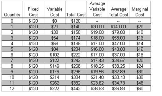 Average Variable Average Marginal Cost Total Cost Cost Quantity 01 23 45 67 89 10 11 12 Fixed Cost $120 $120 $120 $120 $