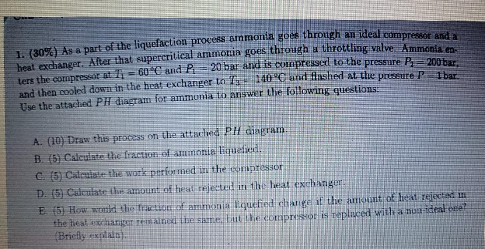 1. (30%) As a part of the liquefaction process ammonia goes through an ideal compressor and a heat exchanger. After that supe