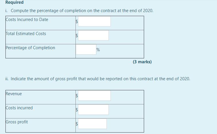 Required i. Compute the percentage of completion on the contract at the end of 2020. Costs Incurred to Date Total Estimated C