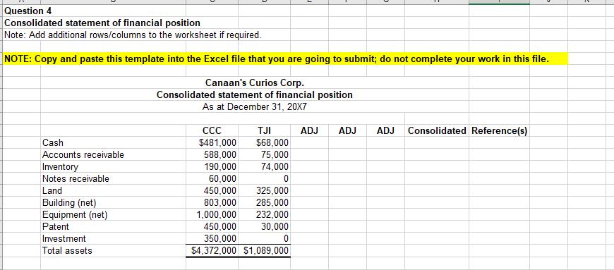 Question 4 Consolidated statement of financial position Note: Add additional rows/columns to the worksheet if required. NOTE: