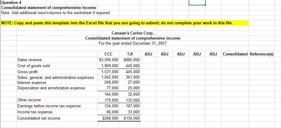 Question 4 Consolidated statement of comprehensive income Note: Add additional rows/columns to the worksheet if required. NOT