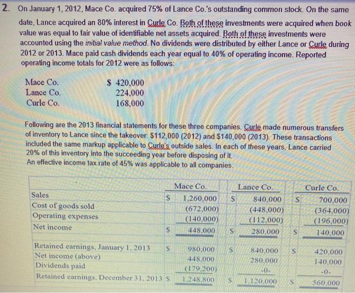 2. On January 1, 2012, Mace Co. acquired 75% of Lance Co.s outstanding common stock. On the same date, Lance acquired an 80%