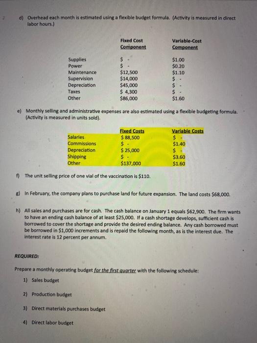 d) Overhead each month is estimated using a flexible budget formula. (Activity is measured in direct labor hours.) Fixed Cost
