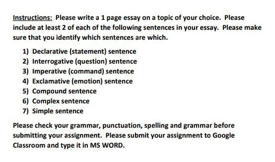 Instructions: Please write a 1 page essay on a topic of your choice. Please include at least 2 of each of the following sente