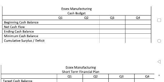 Essex Manufacturing Cash Budget 91 02 Q3 04 Beginning Cash Balance Net Cash Flow Ending Cash Balance Minimum Cash Balance Cum