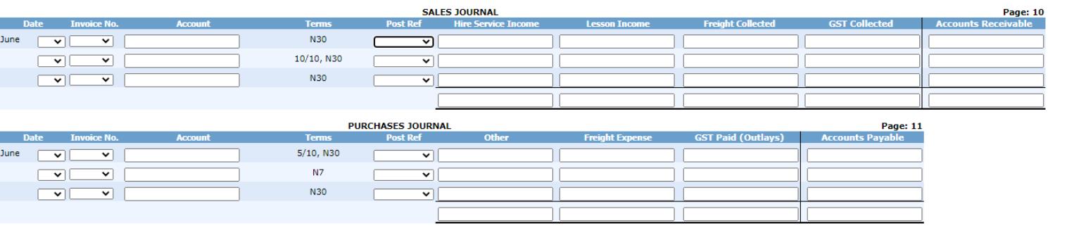 SALES JOURNAL Post Ref Hire Service Income Page: 10 Accounts Receivable Invoice No. Account Terms Lesson Income Freight Colle