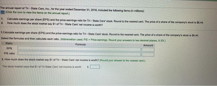 The annual report of Tri-State Cars, Inc., for the year ended December 31, 2018, included the following items in millions): C