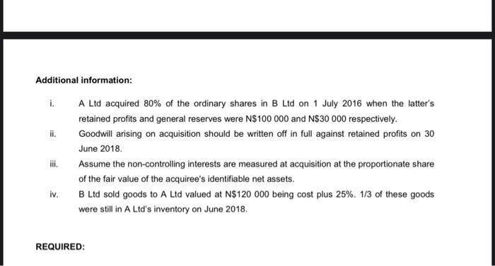 Additional information: i. ii. A Ltd acquired 80% of the ordinary shares in B Ltd on 1 July 2016 when the latters retained p