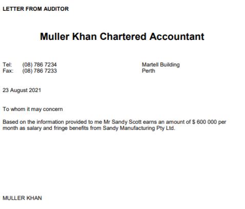 LETTER FROM AUDITOR Muller Khan Chartered Accountant Tel: Fax: (08) 786 7234 (08) 786 7233 Martell Building Perth 23 August 2