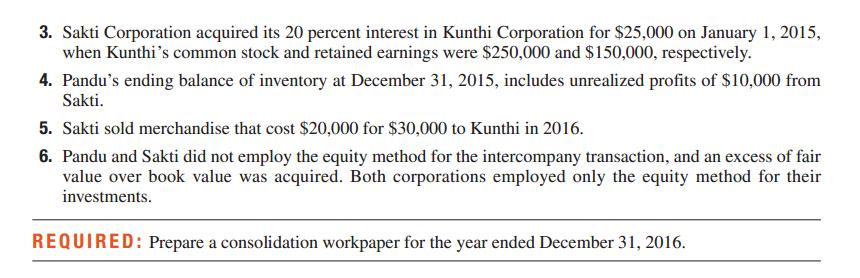 3. Sakti Corporation acquired its 20 percent interest in Kunthi Corporation for $25,000 on January 1, 2015, when Kunthis com