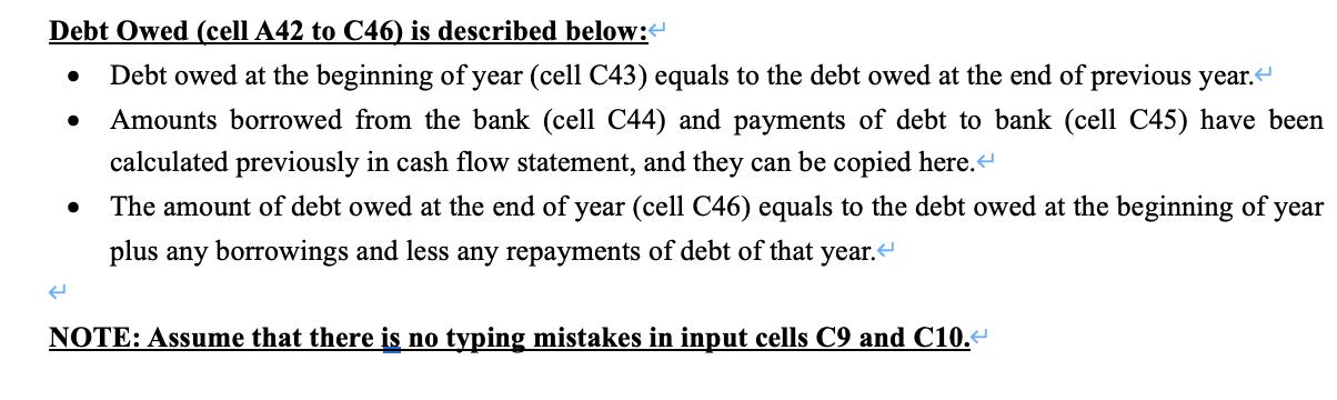 Debt Owed (cell A42 to C46) is described below: • Debt owed at the beginning of year (cell C43) equals to the debt owed at th