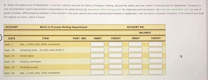 1. Enter the balance as of September 1 in a four-column account for Work in Process --Rolling. Record the debits and the cred