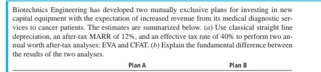 Biotechnics Engineering has developed two mutually exclusive plans for investing in new capital equipment with the expectatio