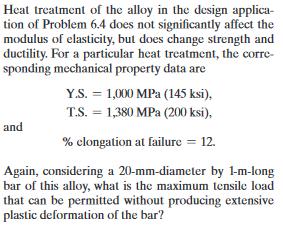 Heat treatment of the alloy in the design applica- tion of Problem 6.4 does not significantly affect the modulus of elasticity, but does change strength and ductility. For a particular heat treatment, the corre- sponding mechanical property data are Y.S-1,000 MPa (145 ksi), T.S. 1,380 MPa (200 ksi), and % elongation at failure-12. Again, considering a 20-mm-diameter by 1-m-long bar of this alloy, what is the maximum tensile load that can be permitted without producing extensive plastic deformation of the bar?