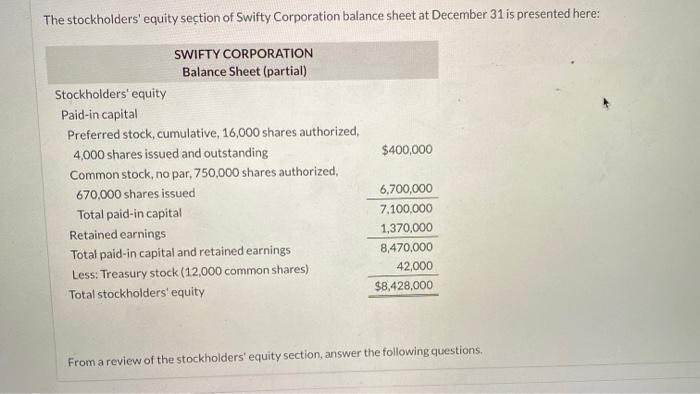 The stockholders equity section of Swifty Corporation balance sheet at December 31 is presented here: $400,000 SWIFTY CORPOR
