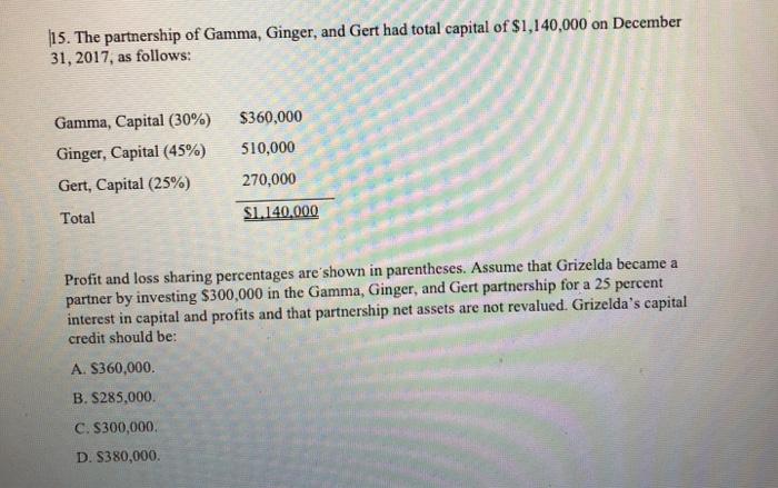 15. The partnership of Gamma, Ginger, and Gert had total capital of $1,140,000 on December 31, 2017, as follows: Gamma, Capit